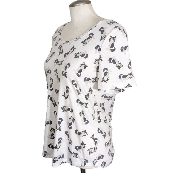 Womens All Over Fox Print Shirt Top Size Medium Ivory Grey Foxes Stretch - Picture 2 of 6